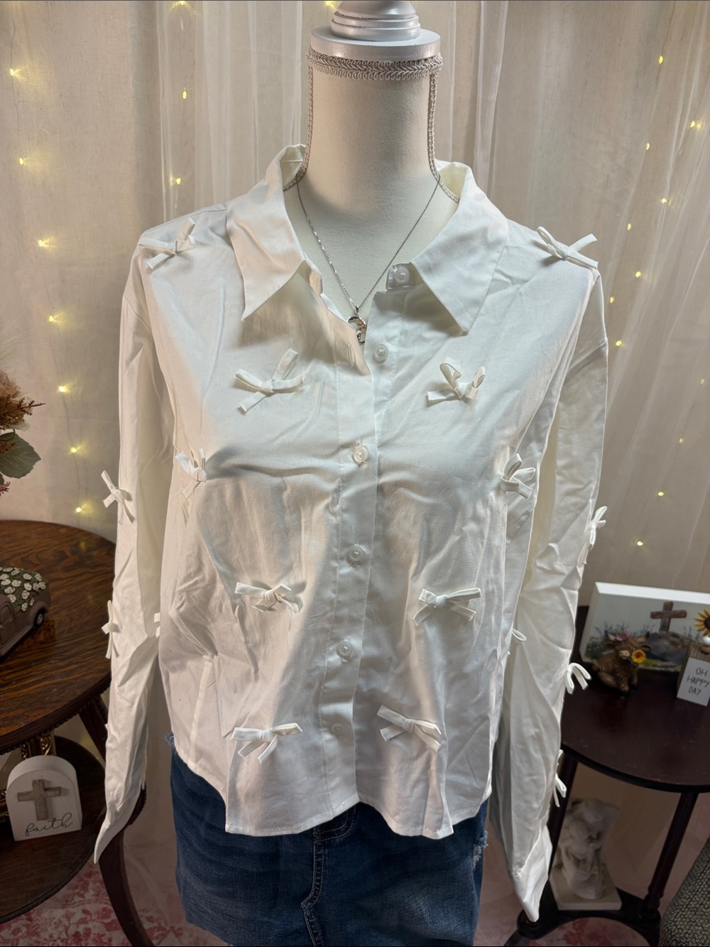 White Bow-Accent Button-Up Blouse - Women